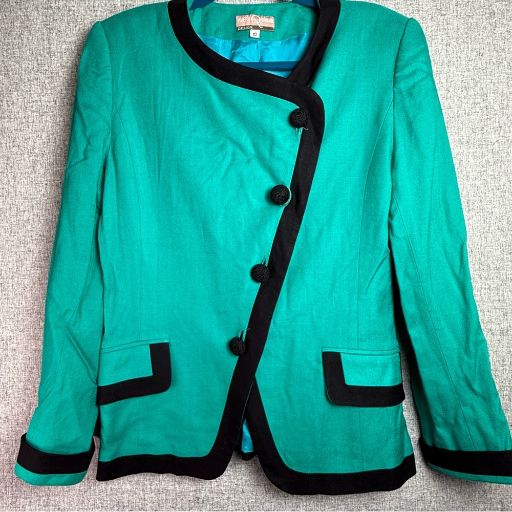 Vintage 80s/90s Avery Quinn Teal/Black Blazer Power Suit Asymetrical Lapel‎ M/L